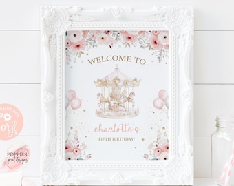 Karussell Pferd Party Geburtstag Willkommensschild Bearbeitbar Karneval Geburtstag 8x10 Poster Zeichen Pink Gold Party Zeichen Printable 0228