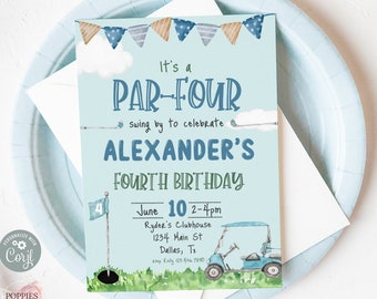 Editable Boy Golf Fourth Birthday Invitation, Boy Golfing Birthday Invite, 4th Birthday Par-tee Putting Par-tee Printable Template 0134