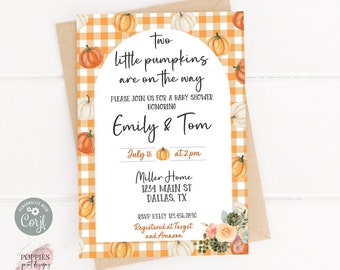 Twins Pumpkin Baby Shower Invitation, A Little Pumpkin is on the Way Invite, Fall Pumpkin Sprinkle Evite, Green Gingham Printable 0174