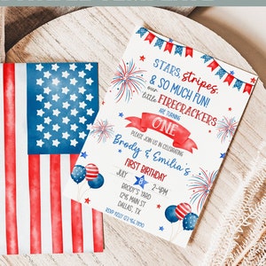 Editable Fourth of July Twins Birthday Invitation July 4th Birthday Celebration Little Firecracker 4th of July 1st Birthday Printable 0156