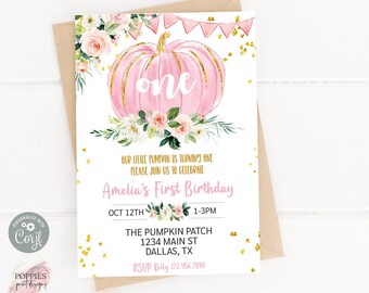 Editable Pink Fall Floral Pumpkin Birthday Invitation, Our Little Pumpkin Birthday Invite, Pumpkin Patch Birthday Invite Printable 0172