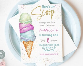 Print Yourself Ice Cream Birthday Party Invitation, Here's the Scoop Birthday Invite, Ice Cream 1st Birthday Invitation Printable 0157