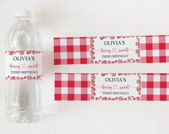 Editable Strawberry Birthday Party Bottle Label Berry First Birthday Water Bottle Wrap 1st Birthday Party Favor Berry Sweet Printable 0150