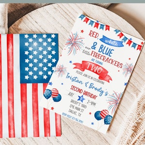 Twins Fourth of July Birthday Invitation, Editable Twins July 4th Birthday Party Invite, Little Firecracker Birthday Invite Printable 0156