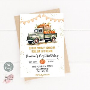 Pumpkin Birthday Invitation, Green Gingham, Editable Little Pumpkin Vintage Truck Birthday Invite Boy Fall Pumpkin Patch Printable 0175