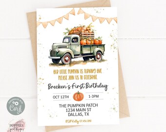 Pumpkin Birthday Invitation, Green Gingham, Editable Little Pumpkin Vintage Truck Birthday Invite Boy Fall Pumpkin Patch Printable 0175