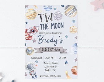 Two the Moon 2nd Birthday Party Invitation, Editable Outer Space Second Birthday Invite, Astronaut Party, Sun Galaxy Printable 0166