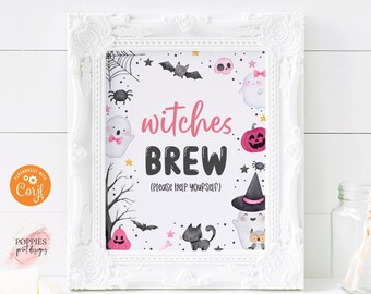 Halloween Birthday Witches Brew Table Sign Pink Ghost Birthday Party Decor Drink Spooky One Birthday Spooktacular Hey Boo Printable 0242