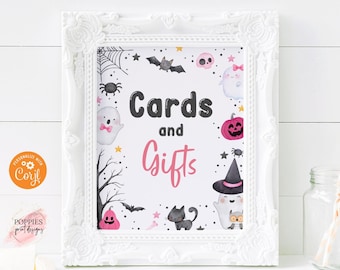 Halloween Birthday Gift Table Sign Pink Ghost Birthday Party Decor Cards and Gifts, Spooky One Birthday Spooktacular Printable 0176