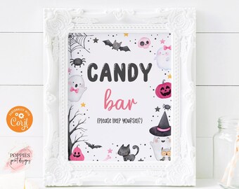 Halloween Birthday Table Sign Pink Ghost Birthday Party Decor Candy Bar, Spooky One Birthday Spooktacular Fab boo lous Printable 0176