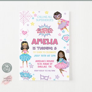 Editable Girl Superhero Birthday Party Invitation, Super Girl Birthday Invite, Pastel Superhero Birthday Invitation Printable 0159