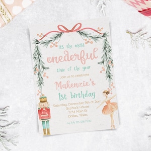 Editable Pink Nutcracker Christmas First Birthday Invitation, Most Onederful Time of the Year, Holiday Birthday Invite, Printable 0191