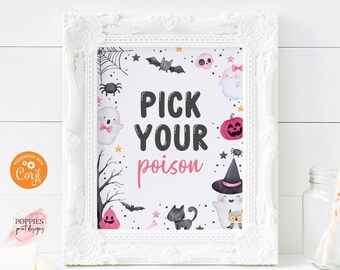 Halloween Birthday Drink Table Sign Pink Ghost Birthday Party Decor Pick Your Poison Spooky One Birthday Spooktacular Printable 0176