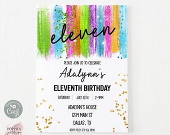 Neon Glow 11th Birthday Invitation, Editable Eleventh Birthday Invite, Neon Rainbow Birthday Invitation Glow Party Invitation Printable 0167