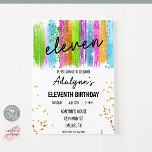 Neon Glow 11th Birthday Invitation, Editable Eleventh Birthday Invite, Neon Rainbow Birthday Invitation Glow Party Invitation Printable 0167