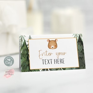 Editable Forest Bear Food Labels Brown Bear Birthday Food Tent Cards Custom Woodland Bear Party Food Table Signs Printable 0116