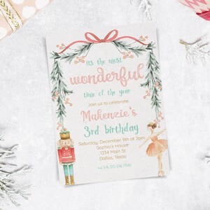 Editable Pink Nutcracker Christmas Birthday Invitation, Most Wonderful Time of the Year, Holiday Birthday Invite, Printable 0191