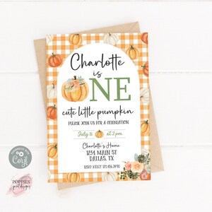 編集可能な秋の花柄パンプキン 1 歳の誕生日招待状 小さなパンプキン 1 歳の誕生日招待状 女の子の花柄パンプキン 1 つのパッチ 印刷可能 0173