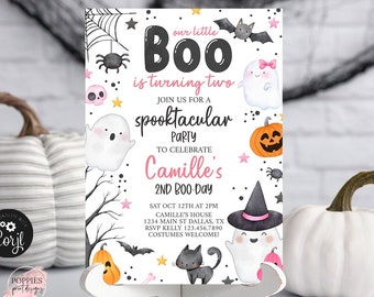 Little Boo is Two Birthday Invitation Halloween Editable Pink Ghost Birthday Invite 2nd Birthday Party Evite Halloween Printable 0176
