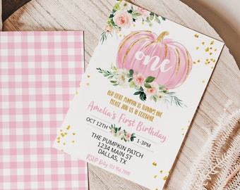 Invitación de cumpleaños editable de calabaza floral de otoño rosa Invitación de cumpleaños de calabaza pequeña Invitación de cumpleaños de parche de calabaza de cualquier edad Invitación de cumpleaños imprimible 0172