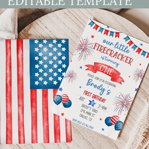 Editable Fourth of July Birthday Invitation July 4th Birthday Celebration Our Little Firecracker 4th of July 1st Birthday Printable 0156