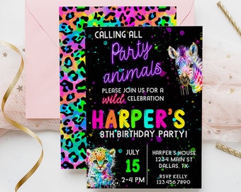 Editable Neon Party Animals Birthday Invitation Neon Rainbow Leopard Invitation, Glow in the Dark Invitation, Glow Party Printable 0133