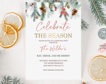 Editable Winter Floral Holiday Party Invitation, Christmas Party Invite, Holiday Get Together, Christmas House Party, Holiday Printable 0201