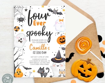 Halloween 4th Birthday Invitation Four Ever Spooky Editable Pink Ghost Birthday Invite Girl Fourth Birthday Party Evite Halloween Print 0176