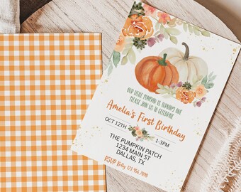 Editable Fall Floral Pumpkin Birthday Invitation Greenery Little Pumpkin Birthday Invite Girl Pink Floral Pumpkin Patch Printable 0174