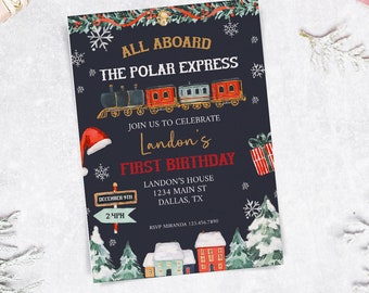 May include: A blue and white invitation with a train and the text "All Aboard The Polar Express" for a first birthday party. The invitation includes the name Landon, the date, time, and location of the party.