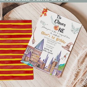 Editable Wizard First Birthday Invitation Magical Birthday Invite, The Chosen One Birthday Castle Boy Magic School Wizardry Printable 0152