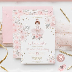 Editable  Pink Ballerina Tutu Cute Birthday Invitation, Dance and Twirl Ballet Girls Party Invite Pink Princess Gold Party Printable 0224