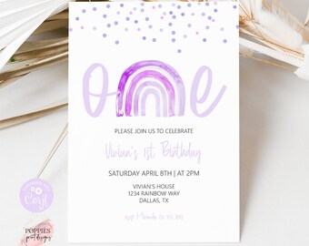 Editable Boho Rainbow First Birthday Invitation Pastel Purple Rainbow 1st Birthday Invite Rainbow Magical Printable 0232