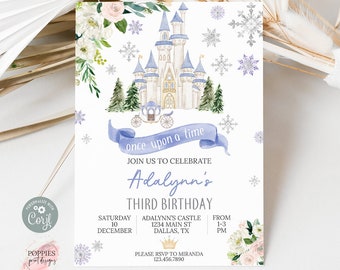 Editable Ice Princess Castle Birthday Invitation Fairytale Birthday Invite Onederland Snow Birthday Winter Wonderland Any Age Print 0154