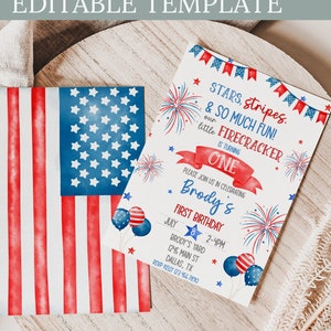 Editable 4th of July Birthday Invitation July Fourth Birthday Celebration Our Little Firecracker 4th of July 1st Birthday Printable 0156