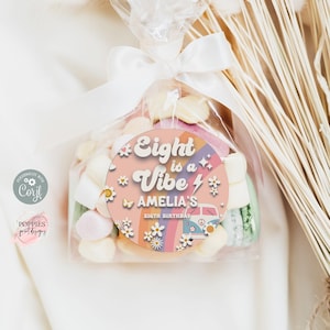 Editable Eight is a Vibe Round Tag, Groovy 8th Birthday Party Favor Sticker, Hippie Eighth Rainbow Daisy Sticker Printable 0126