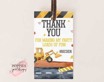Editable Construction Birthday Party Favor Tag, Boy Birthday Thank You Tag, Dump Truck Gift Tag Dig Printable 0139