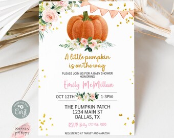 Orange Kürbis Baby Shower Einladung Kleiner Kürbis ist unterwegs Einladen Herbst Floral Kürbis Baby Shower Einladung Printable 0173