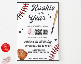 Editable Baseball 1st Birthday Invitation Rookie of the Year Batter Up First Birthday Boy Baseball Birthday Invite Template 0218