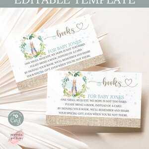 Bewerkbare Peter Rabbit Book Request Card, Greenery Baby Shower Card Insert, Enclosure Card Gepersonaliseerde Baby Shower Printable 0123