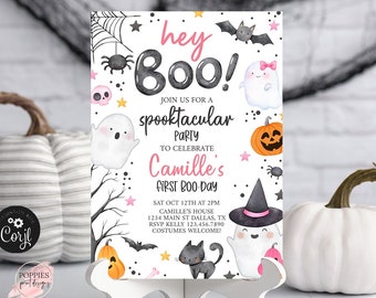 Halloween Birthday Invitation Hey Boo Editable Pink Ghost Birthday Invite Spooky Birthday Party Evite Halloween Printable Template 0176