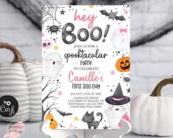 Halloween verjaardag uitnodiging Hey Boo bewerkbare roze Ghost verjaardag uitnodigen Spooky verjaardagsfeestje Evite Halloween afdrukbare sjabloon 0176