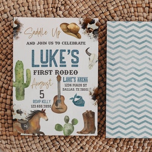 Invitación de primer rodeo editable con espalda, invitación de 1er cumpleaños de Boy Rodeo, invitación de 1er cumpleaños, descarga instantánea Country Western 0113