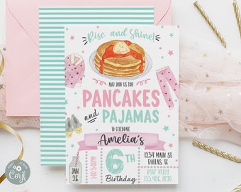 Editable Pancakes and Pajamas Birthday Invite, Sleepover Party, Slumber Party Invitation, Breakfast Brunch Birthday Template Printable 0183