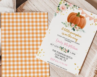 Bearbeitbare Pumpkin Patch Baby Shower Einladung Kleiner Kürbis ist auf dem Weg Einladen Herbst Floral Kürbis Baby Shower Einladung Printable 0173