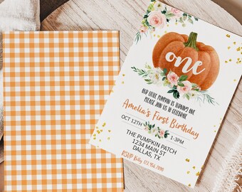 Editable caída Floral calabaza cumpleaños invitación naranja Gingham poco calabaza parche cumpleaños invitación niña rosa Floral calabaza imprimible 0173