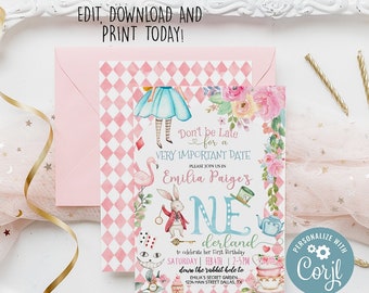 Editable Onederland Tea Party First Birthday Invitation Printable 0119