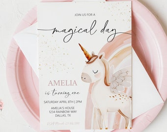Editable Rainbow Unicorn Birthday Invitation Girl Invite Gold Glitter Rainbow Boho Unicorn Digital Template Magical Day Party Printable 0233