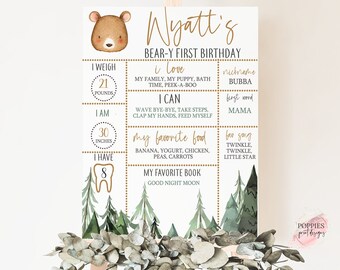 Bear-y First Birthday Milestone Sign Editable Bear First Birthday Achievement Poster Sign Woodland Forest Bear Party Sign Printable 0116
