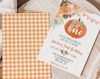 Floral Pumpkin Birthday Invitation Orange Gingham Editable Little Pumpkin Birthday Invite Girl Fall Floral Pumpkin Patch Printable 0174